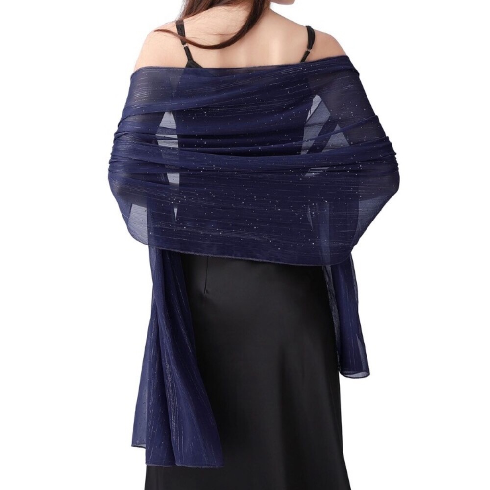 New Blue Shawl Wraps For Women, Chiffon Rhinestones Sparkly Silver Wire